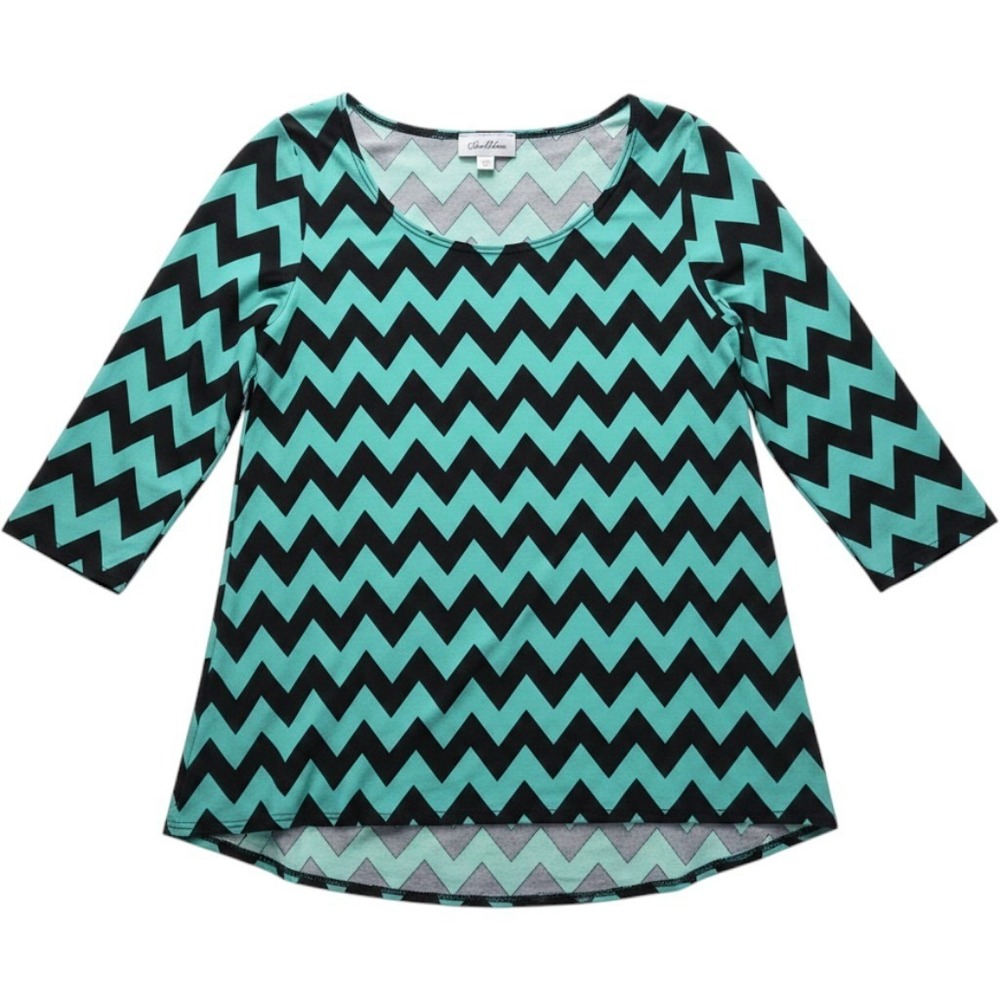 Star Vixen Teal Black Chevron Sharkbite Hem Tunic Top 3/4 Sleeve Womens Small